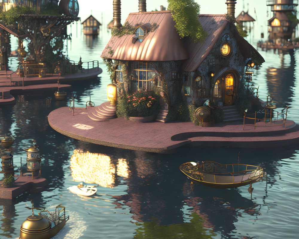 Whimsical cottage on heart-shaped island at dusk