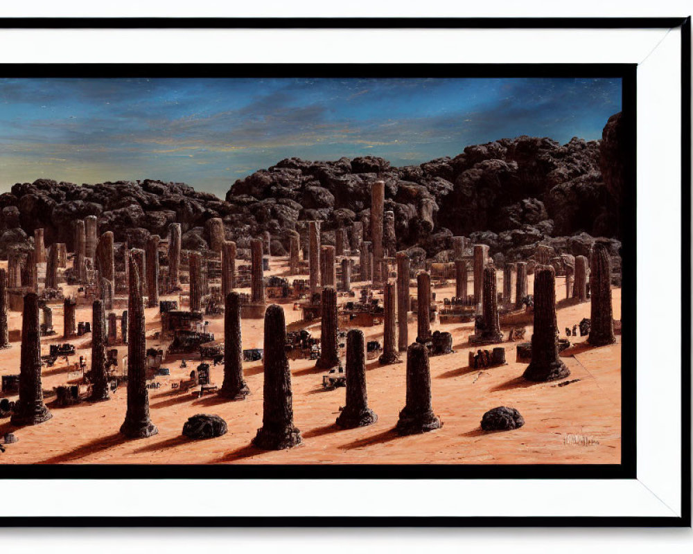 Surreal landscape painting with vertical stone structures and starry sky