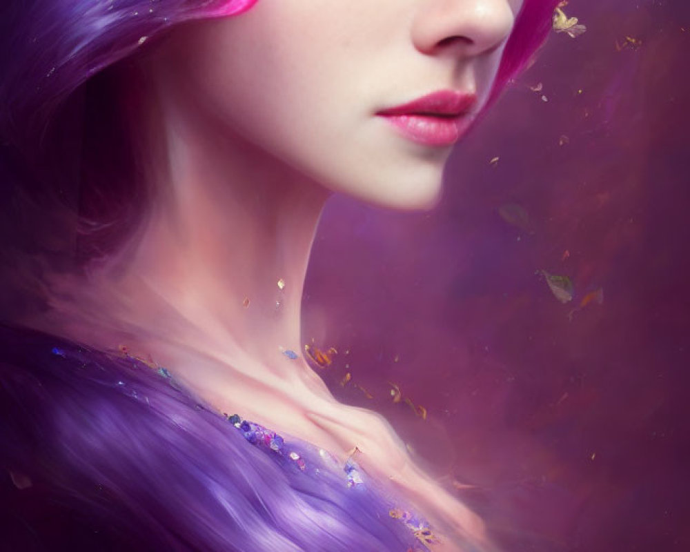 Digital artwork: Woman with purple hair and flowers in dreamy expression on soft, violet background