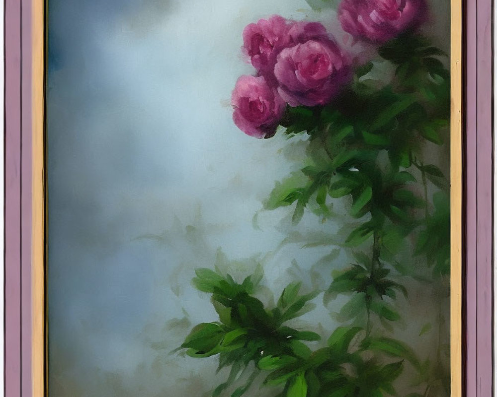 Framed painting of pink roses on green vine with dreamy background