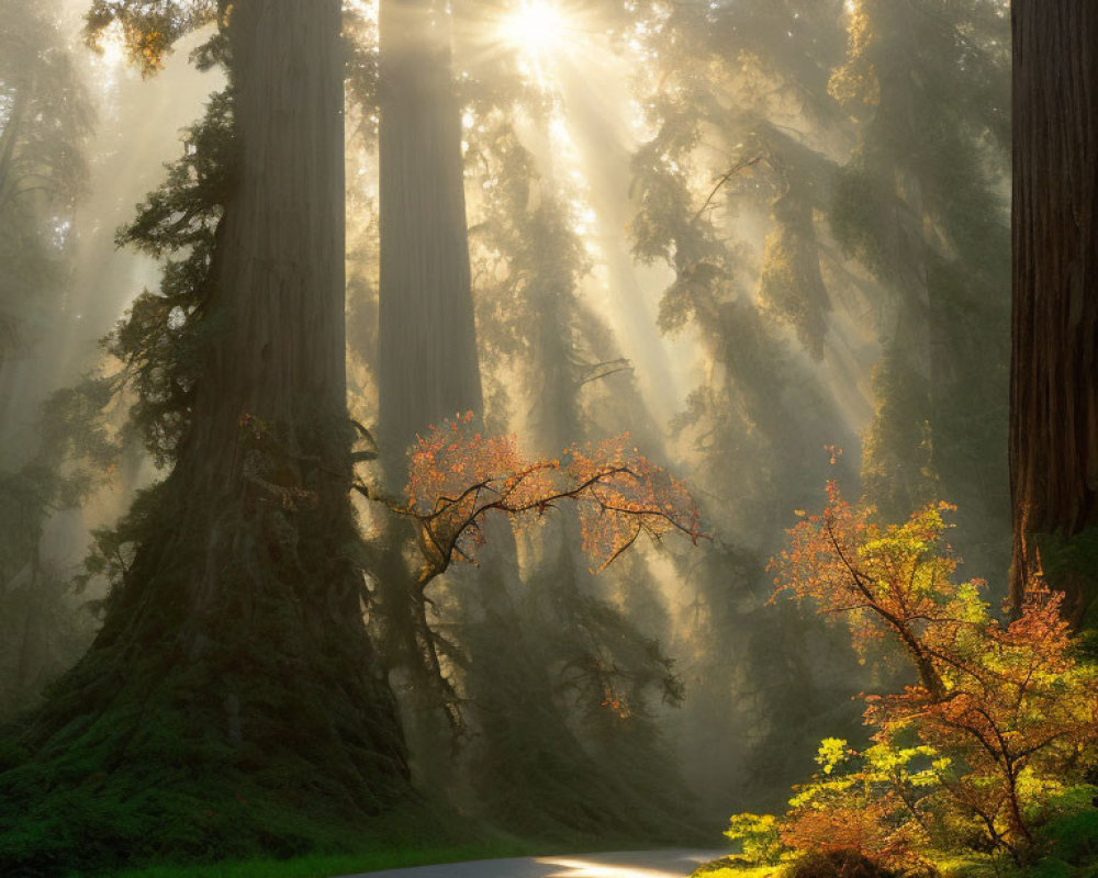 Sunbeams through redwoods on misty forest road with autumn tree