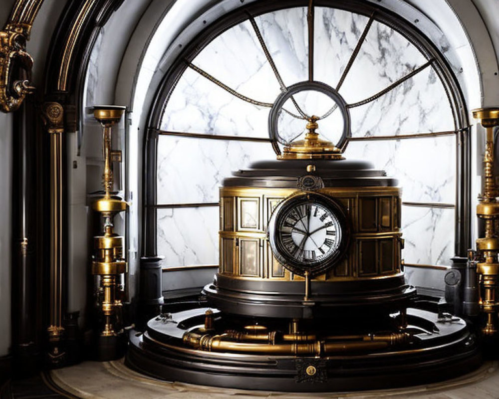 Ornate brass pendulum clock in marble hall with arched windows