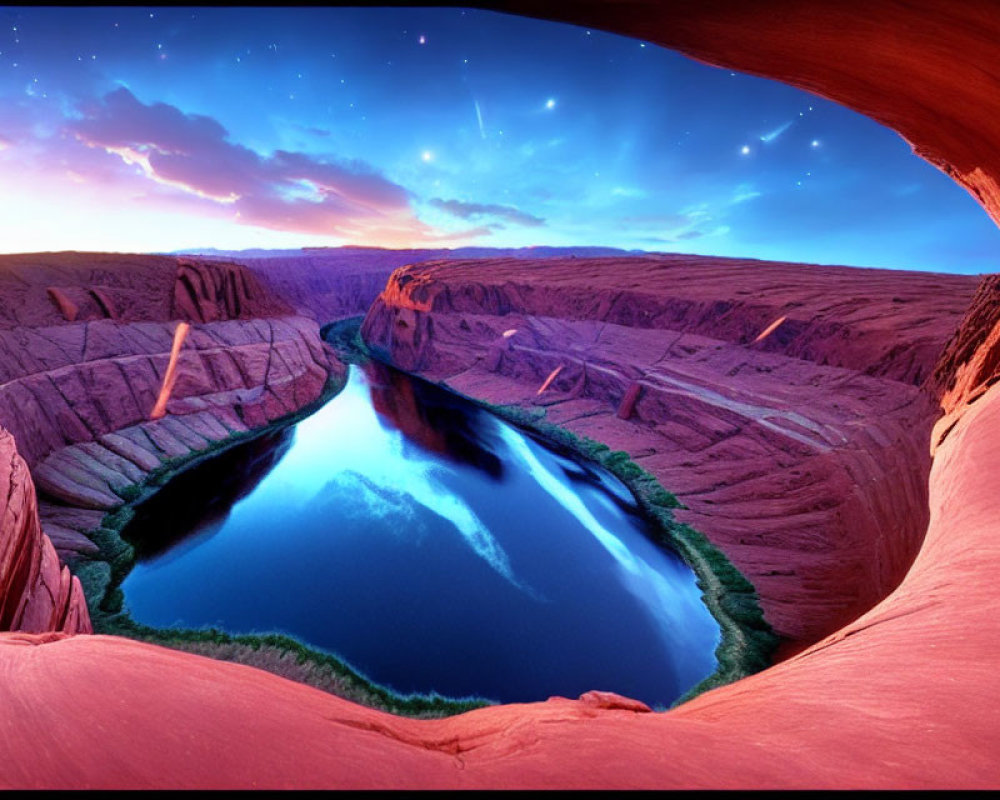 Tranquil river in steep canyon under twilight sky