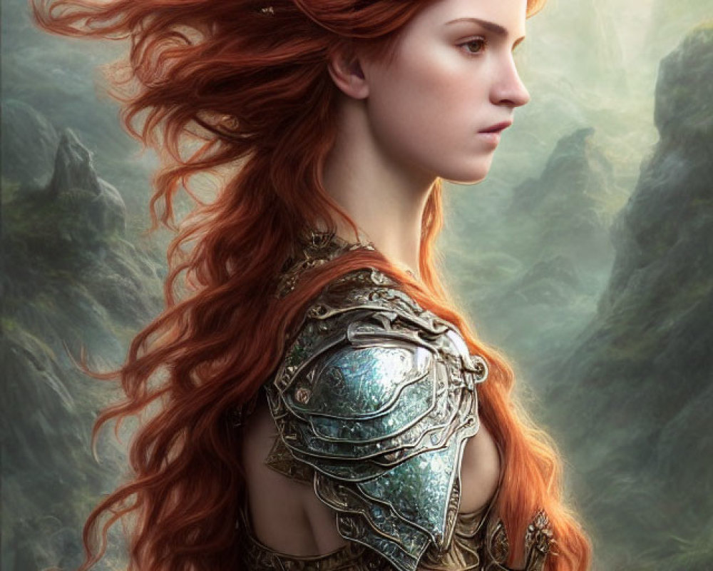 Red-haired woman in detailed armor against misty mountain backdrop