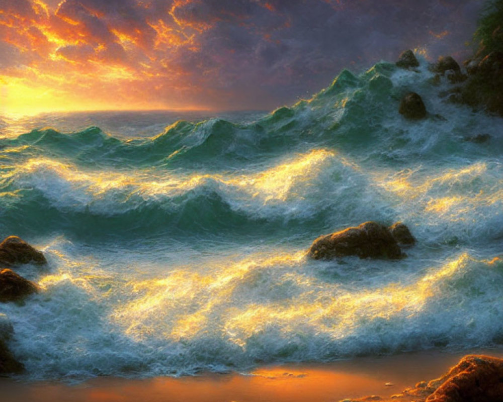 Fiery sunset over turbulent ocean waves and rocky shore