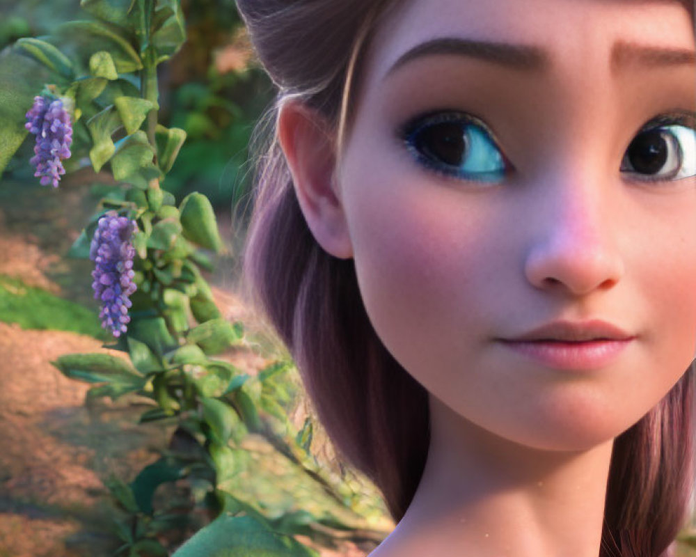 Detailed close-up of 3D animated female character surrounded by purple flowers and lush greenery