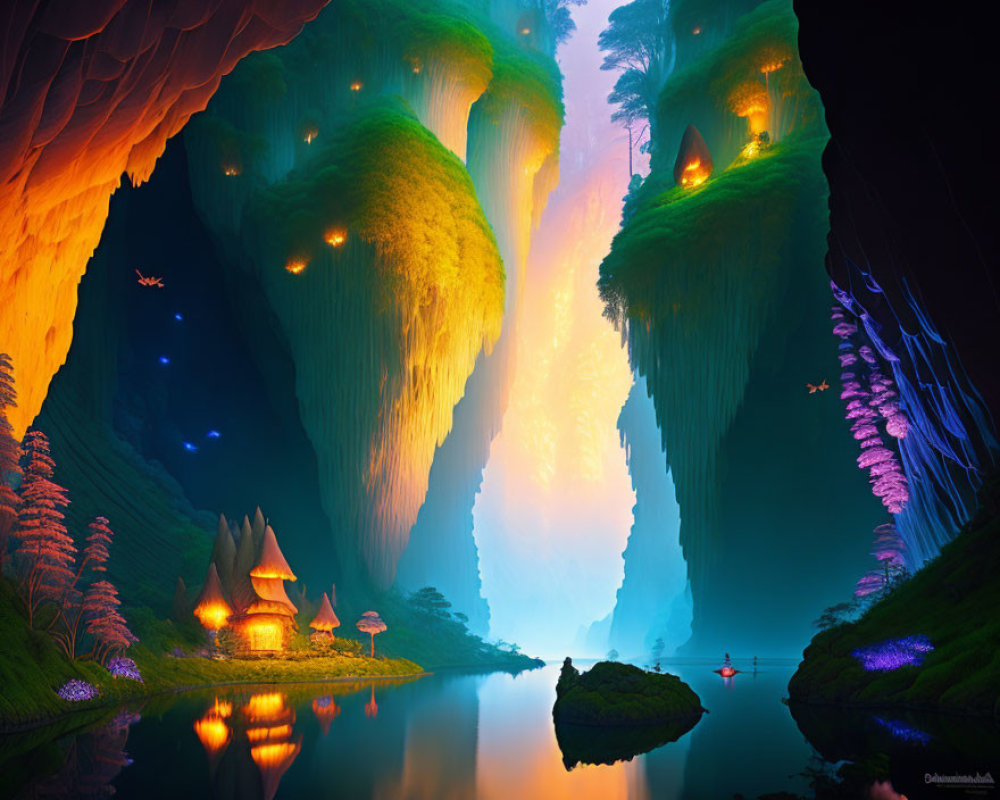 Fantastical landscape with luminous cave, serene lake, glowing house, and small boat.