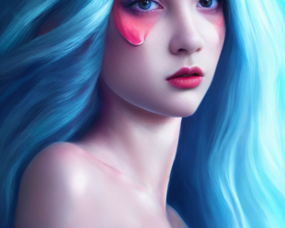 Stylized portrait of woman with blue hair, gem crown, and pink cheek glow