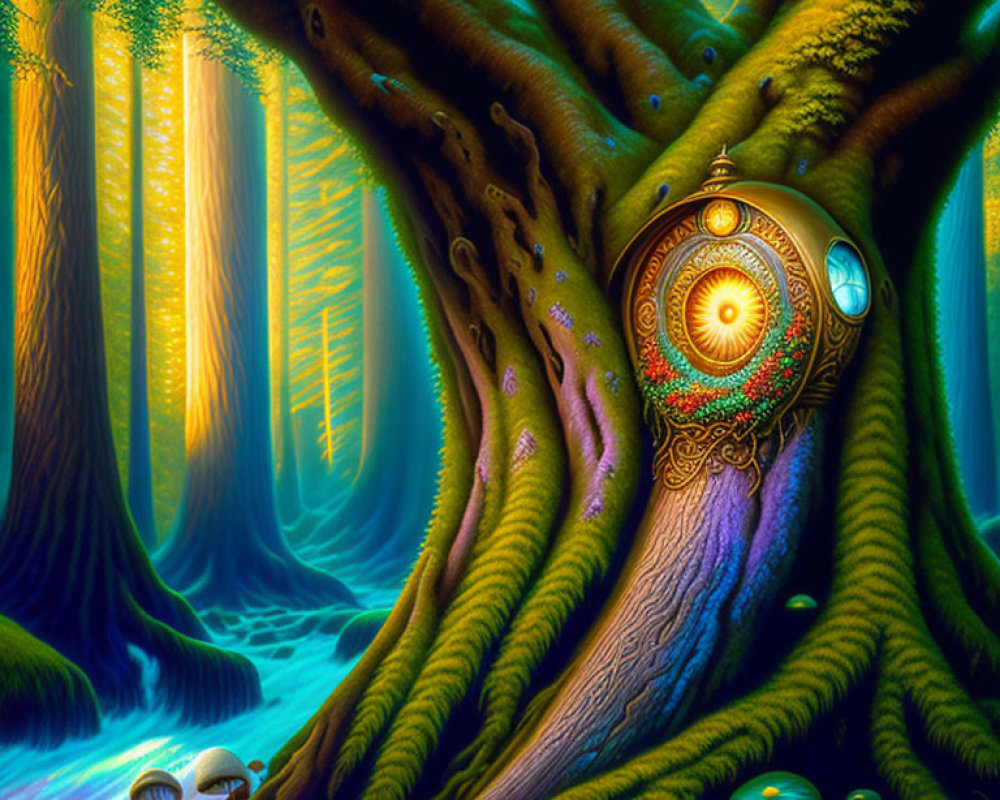 Mystical tree with glowing ornate door in enchanting forest