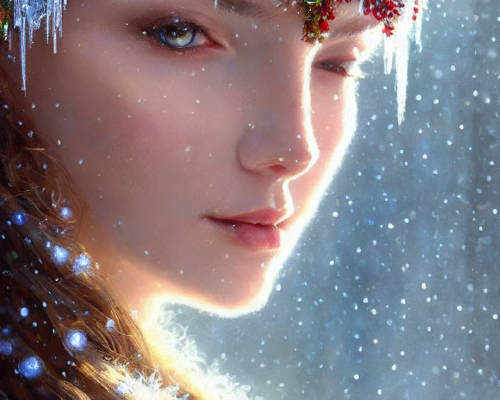 Winter-themed portrait of woman with holly and icicles headpiece in snowy setting