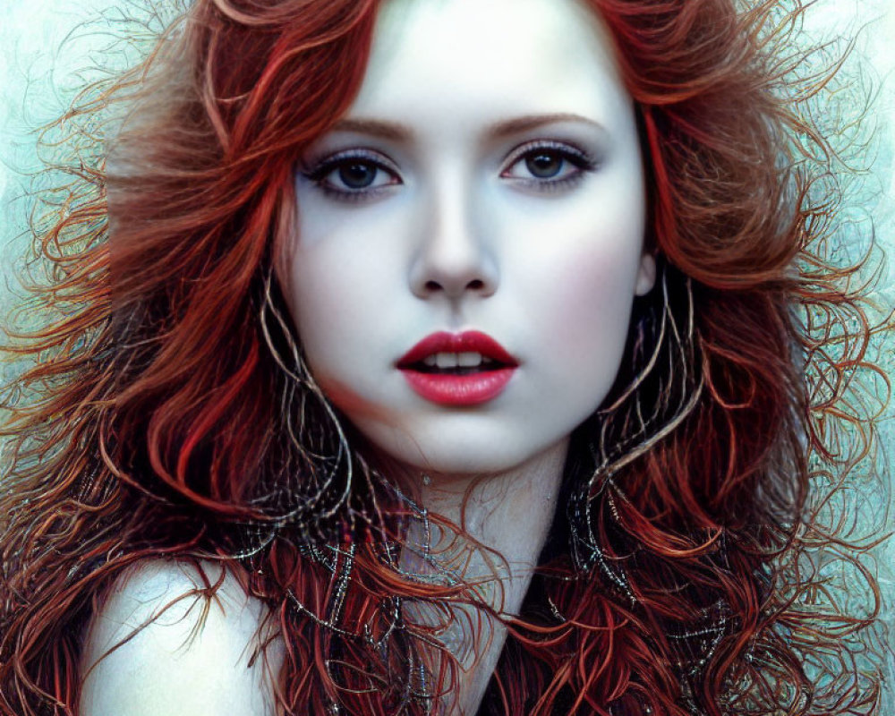 Voluminous Red Hair, Striking Blue Eyes, Red Lipstick & Large Earrings