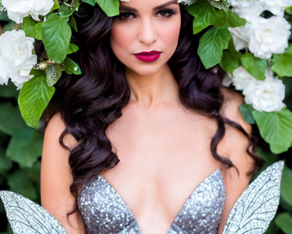 Woman with Floral Crown and Fairy Wings Among White Flowers