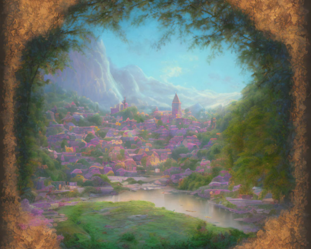 Fantasy landscape painting with village by river at dawn or dusk