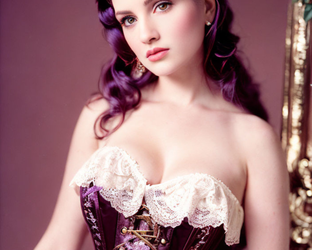 Woman in Purple Hair and Vintage Corset Dress on Purple Background