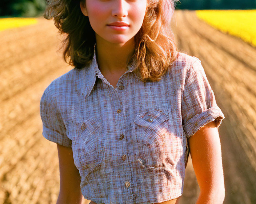 Curly-haired woman in checkered shirt and jeans in field with yellow flowers.