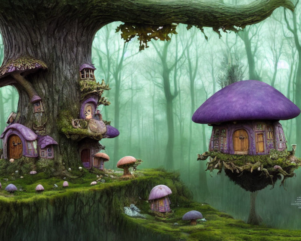 Whimsical Mushroom Houses in Enchanted Forest Setting