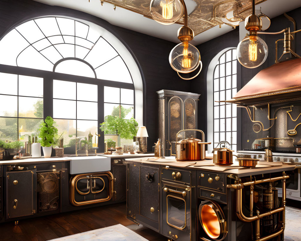 Vintage Black Cabinetry in Elegant Kitchen with Copper Accents