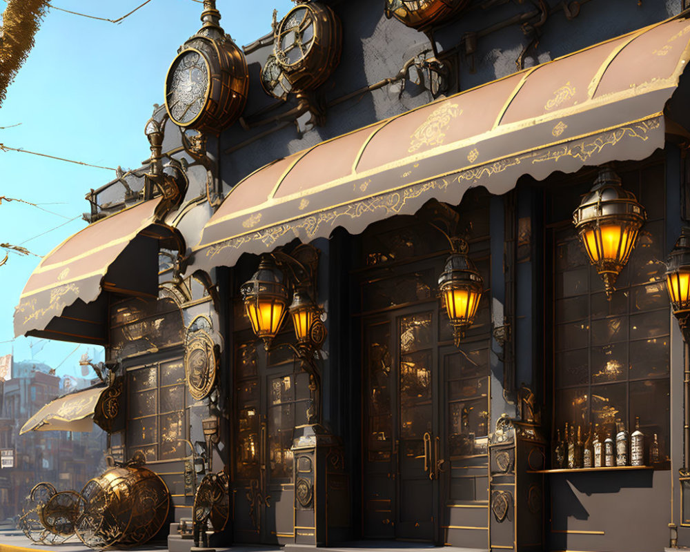 Vintage Street Scene with Ornate Clocks, Lamp Posts, and Sophisticated Storefront