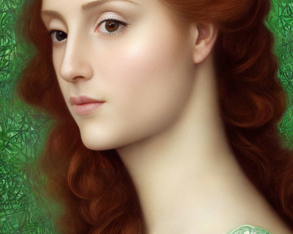 Portrait of Woman with Red Hair and Green Garment on Detailed Background