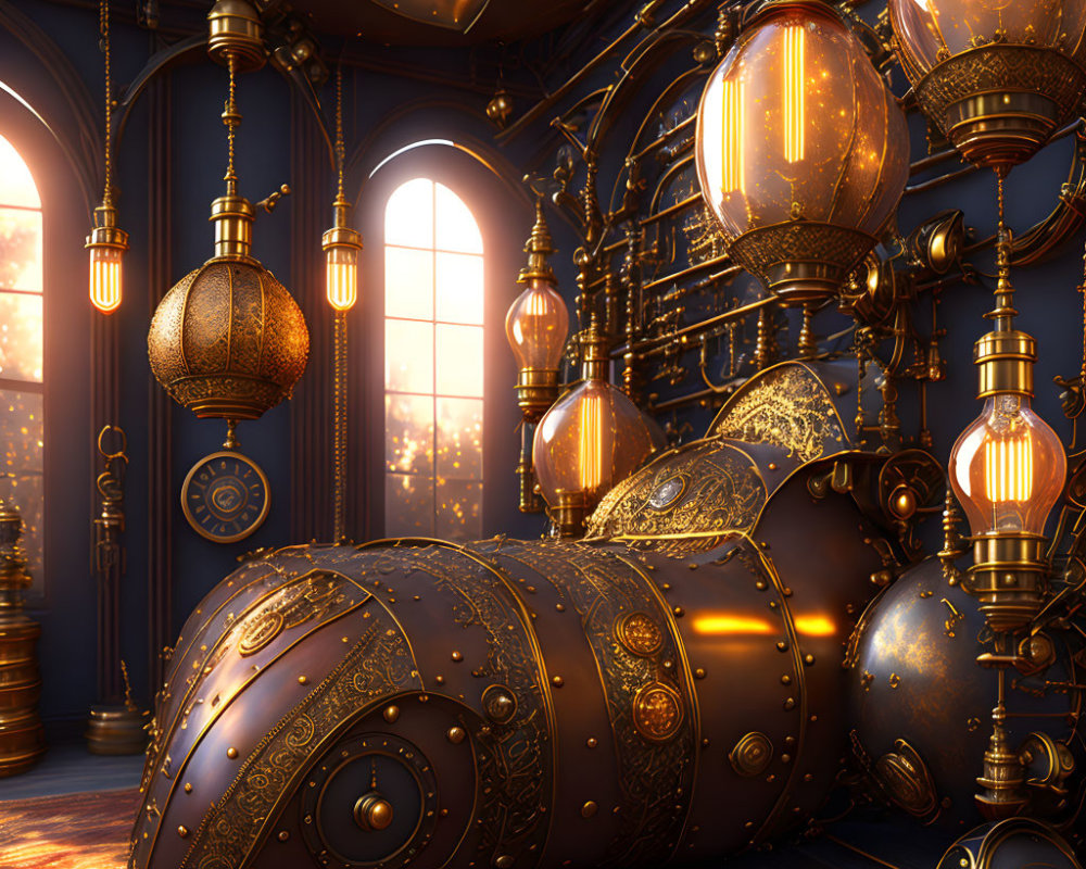 Intricate Steampunk Room with Brass Machinery and Arched Windows