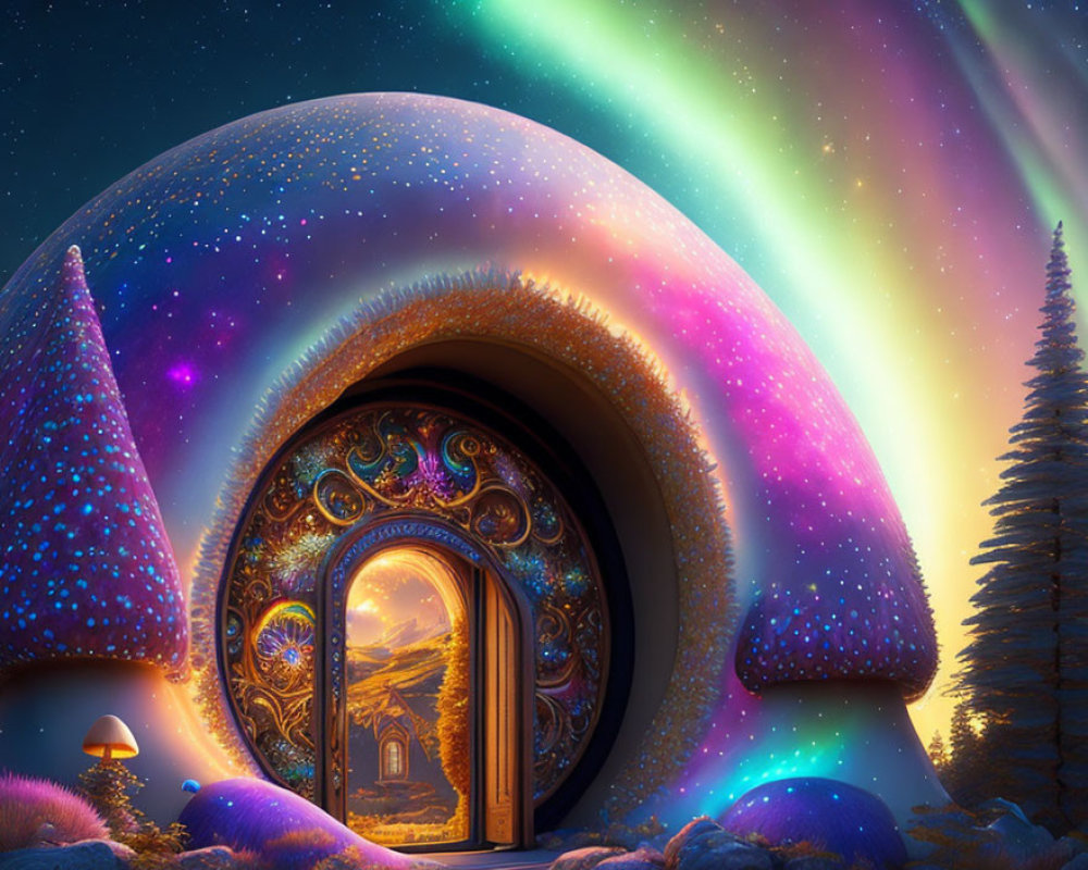 Whimsical domed house under vibrant aurora borealis with glowing mushroom