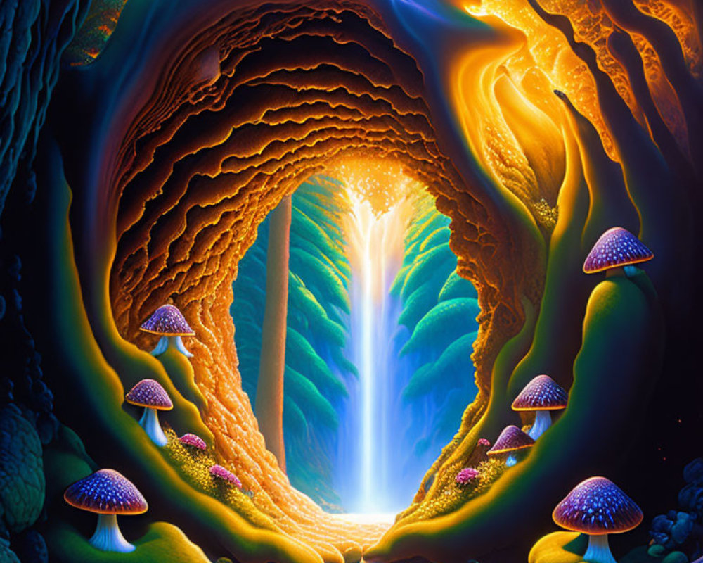 Fantasy landscape with waterfall, glowing mushrooms, and enchanted path.