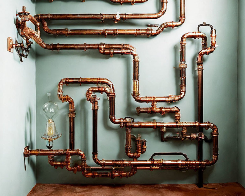 Intricate copper pipe network on blue-green wall with vintage light bulbs