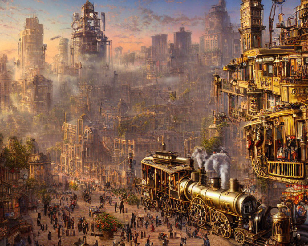 Steampunk cityscape with retrofuturistic architecture and steam locomotive in golden light