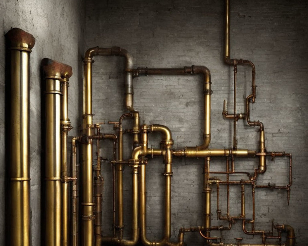 Copper pipes on brick wall in dimly lit industrial environment