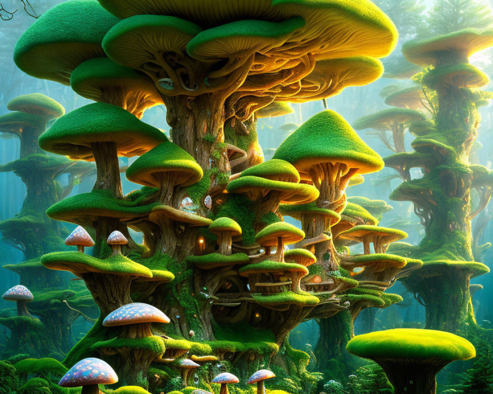 Vibrant green shelf mushrooms on large tree in misty forest