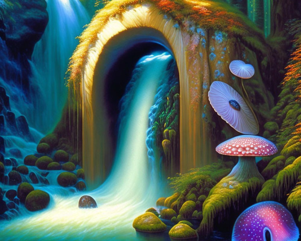 Colorful Fantasy Landscape with Waterfall and Giant Mushrooms