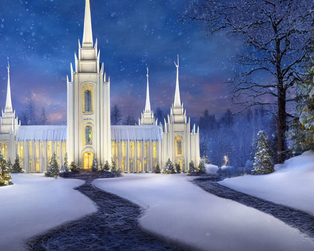 Snowy Night Scene: Illuminated Church with Spires, Trees, and Path