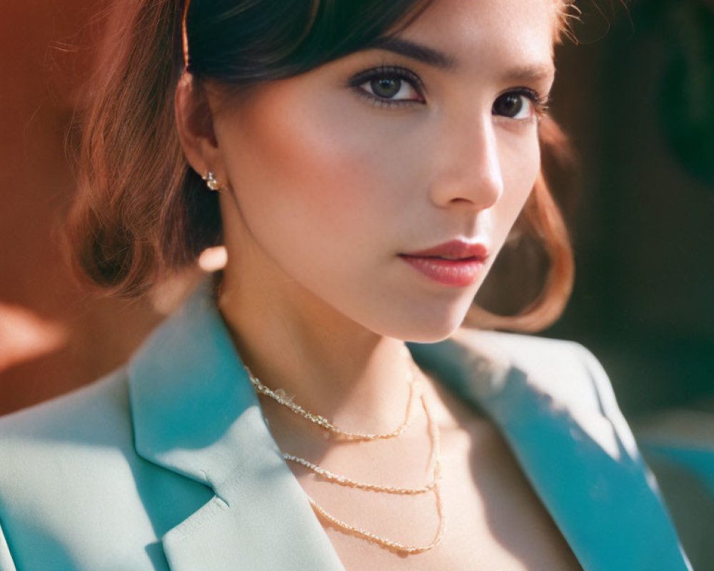 Brown-haired woman in light blue blazer and necklaces gazes at camera in warm lighting