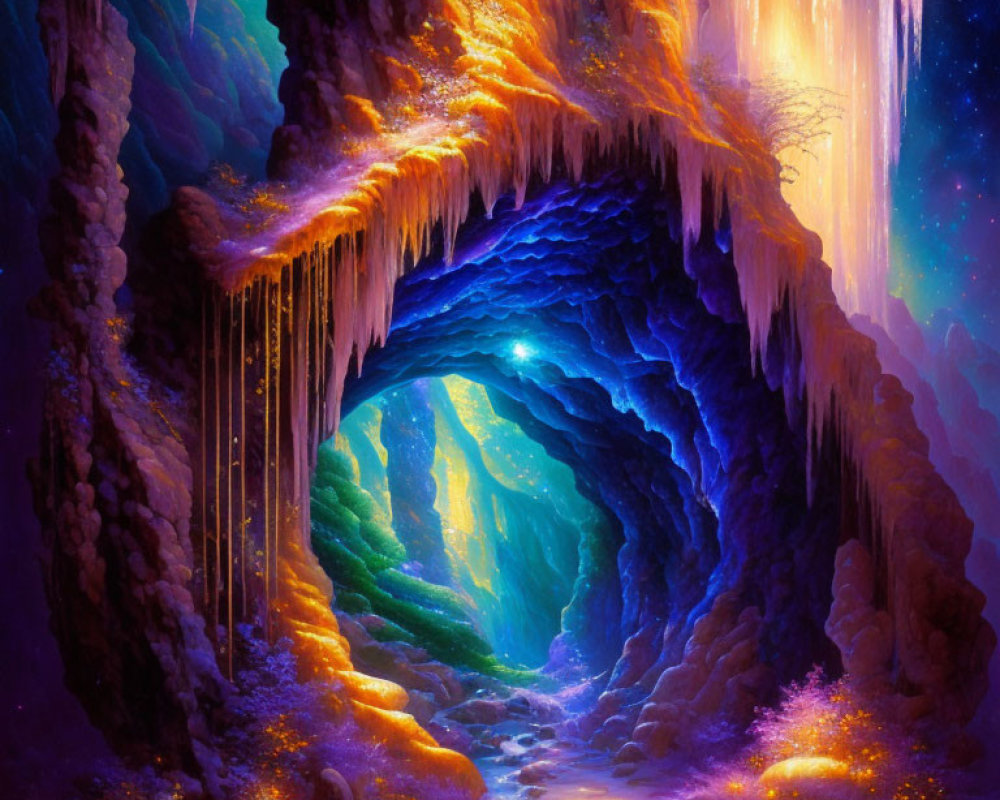 Vibrant fantasy cave with purple and gold hues, stalactites, and starry night sky