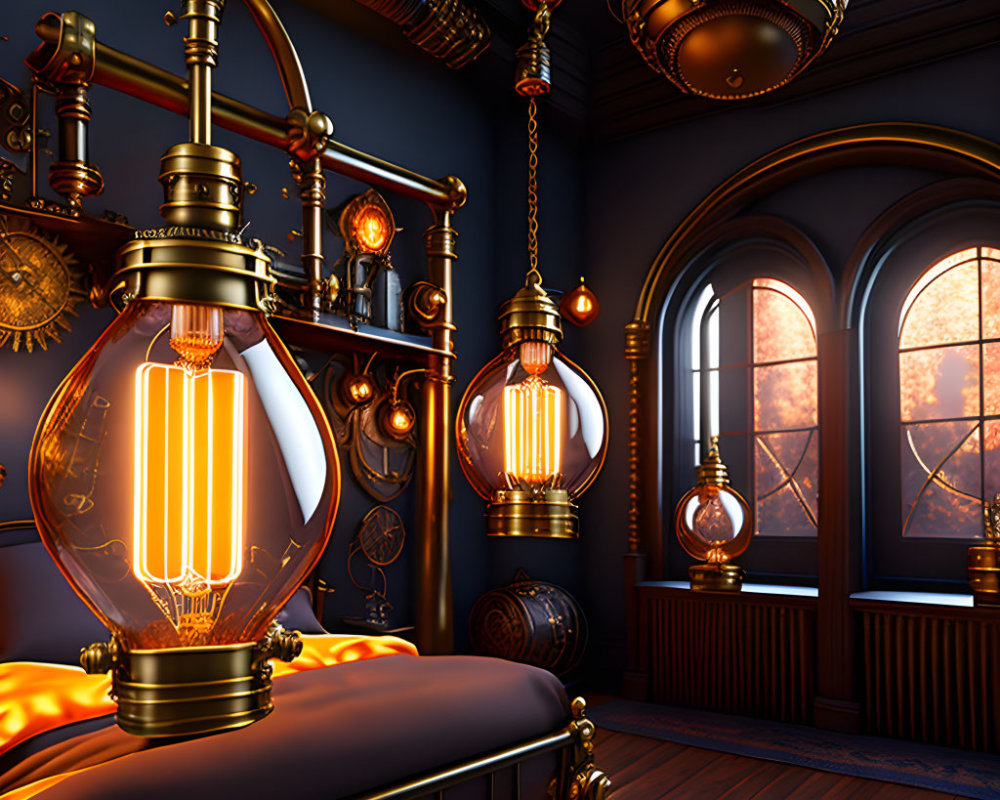 Steampunk-inspired room with oversized lightbulbs and brass piping