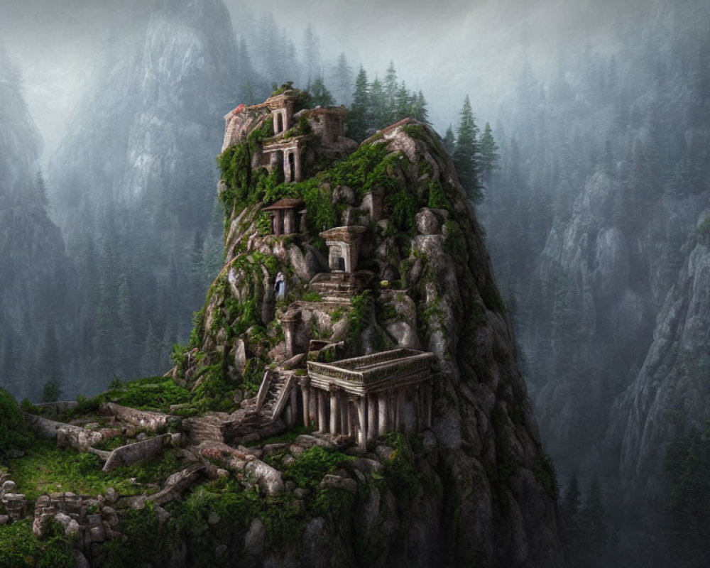 Mystical temple complex on craggy hill in foggy forest