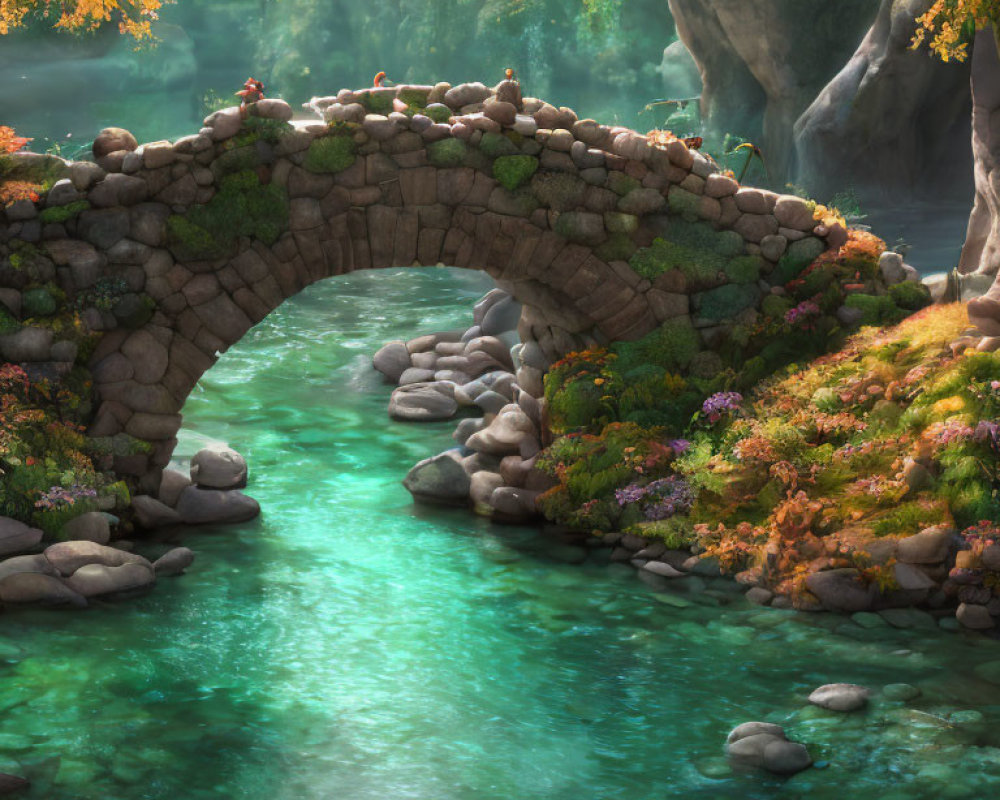 Stone bridge over tranquil stream in forested landscape