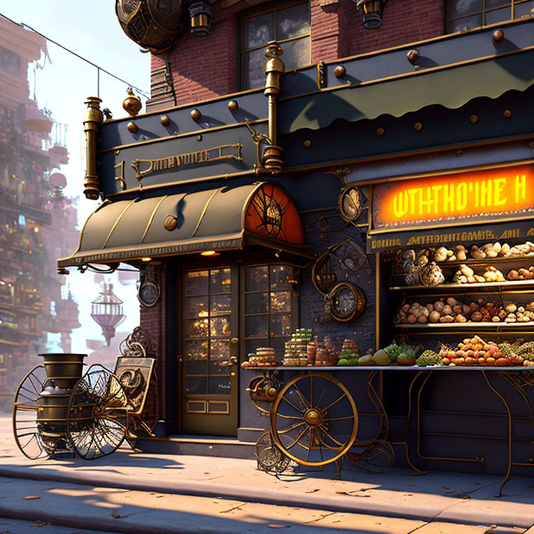 Busy street corner with a fruit stand, Cyrillic sign, vintage bicycles, and warm architecture