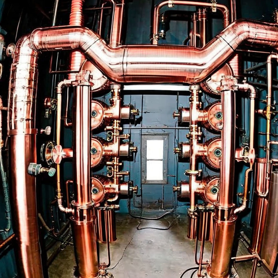 Complex copper pipes and valves on blue background in industrial setting