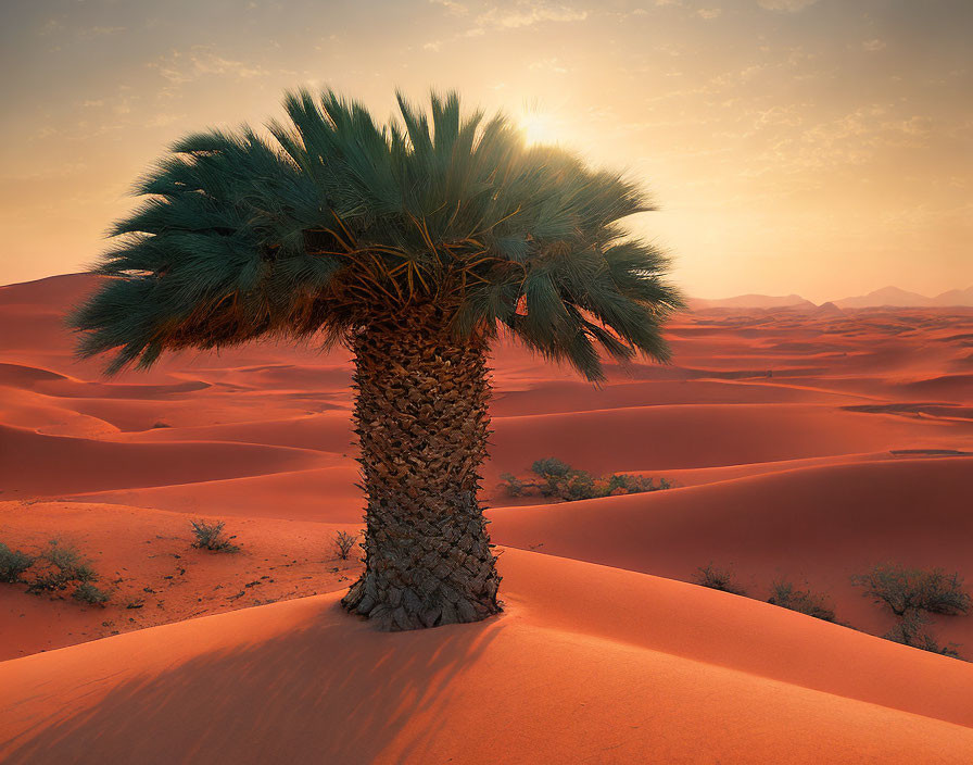 Desert landscape with lone palm tree and rolling dunes