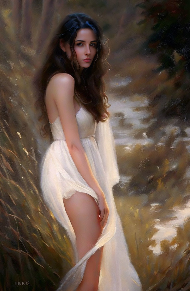 Woman in white dress standing in forest clearing with serene expression.