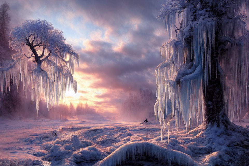 Snowy sunrise landscape with icicle-covered trees and distant figure in pink sky