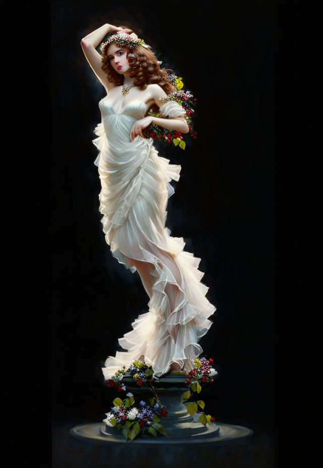 Woman in white dress and floral crown on pedestal with flowers.