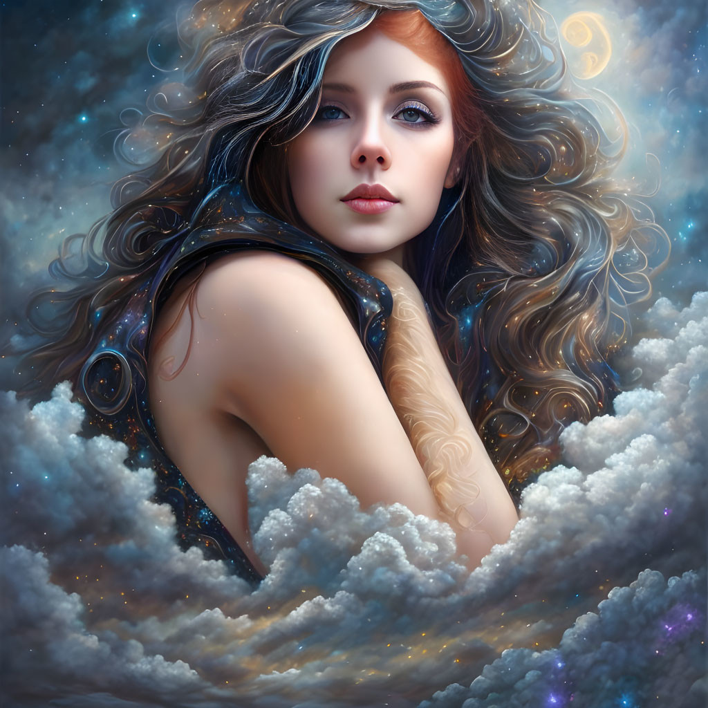 Fantasy illustration of woman with flowing hair in celestial setting