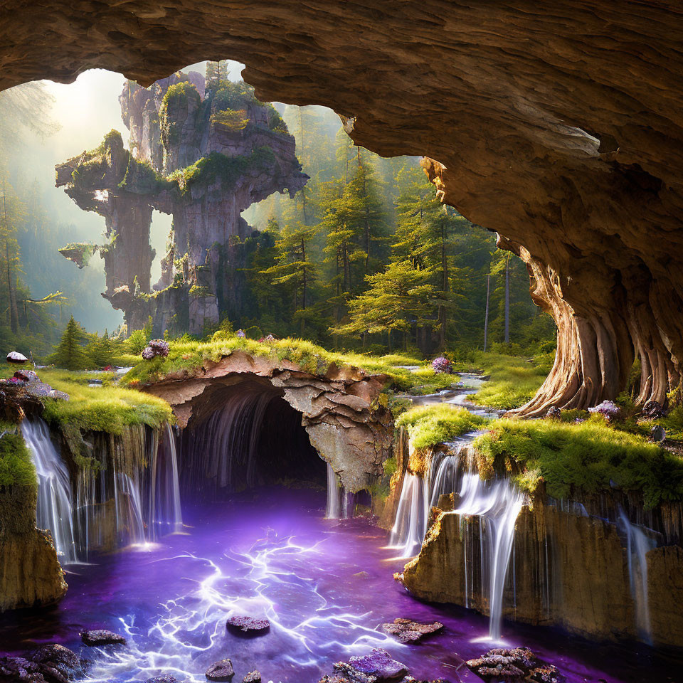 Fantastical landscape with glowing cave, rock bridge, waterfalls, and towering rock formation in lush