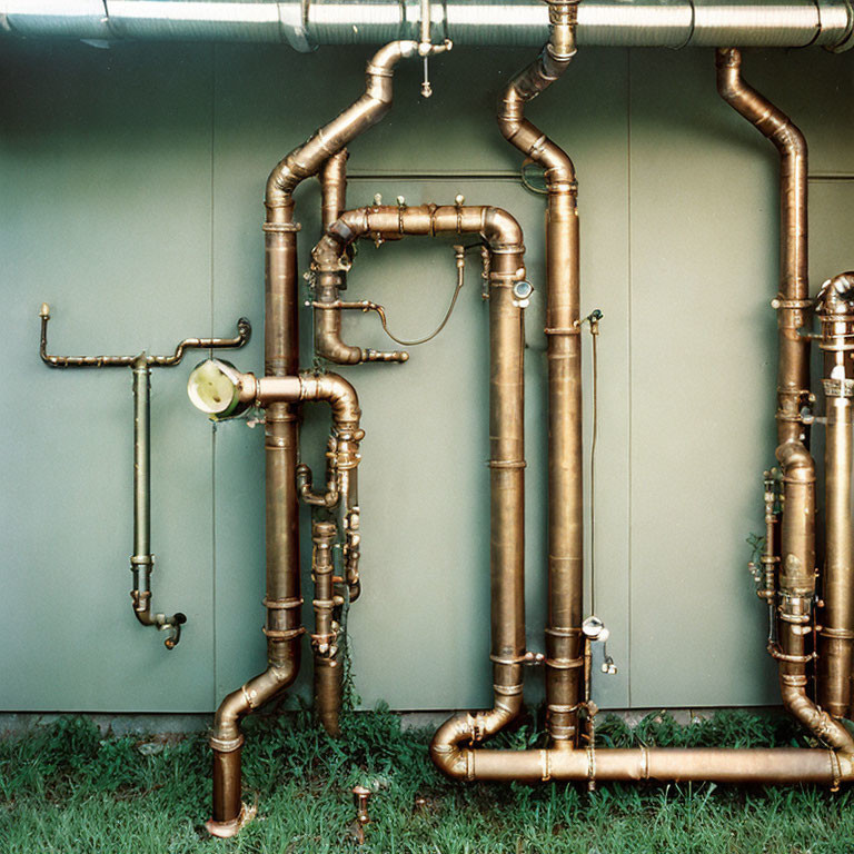 Intricate Industrial Scene on Green Wall