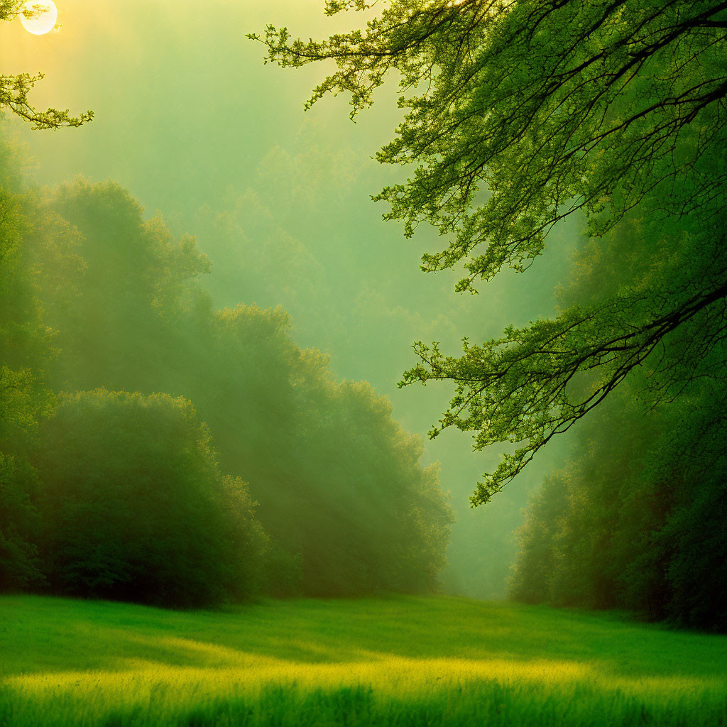 Lush forest with sunlight on serene grassy clearing