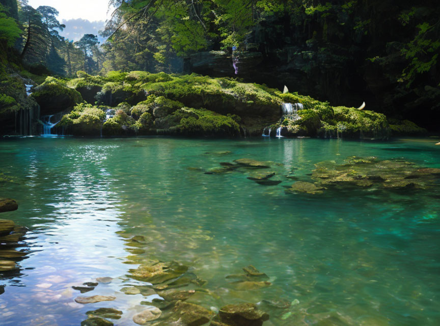 Serene Forest Pond with Turquoise Water and Waterfall