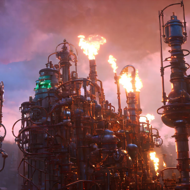 Industrial complex with network of pipes and towers illuminated by fires and colored lights at dusk