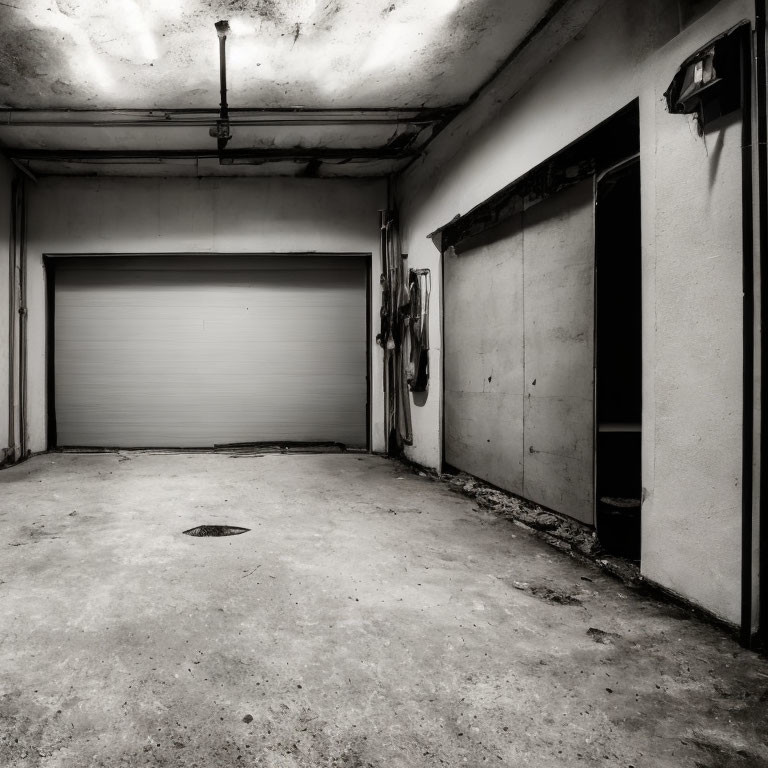 Desolate garage with closed white door, concrete floor, hose on wall